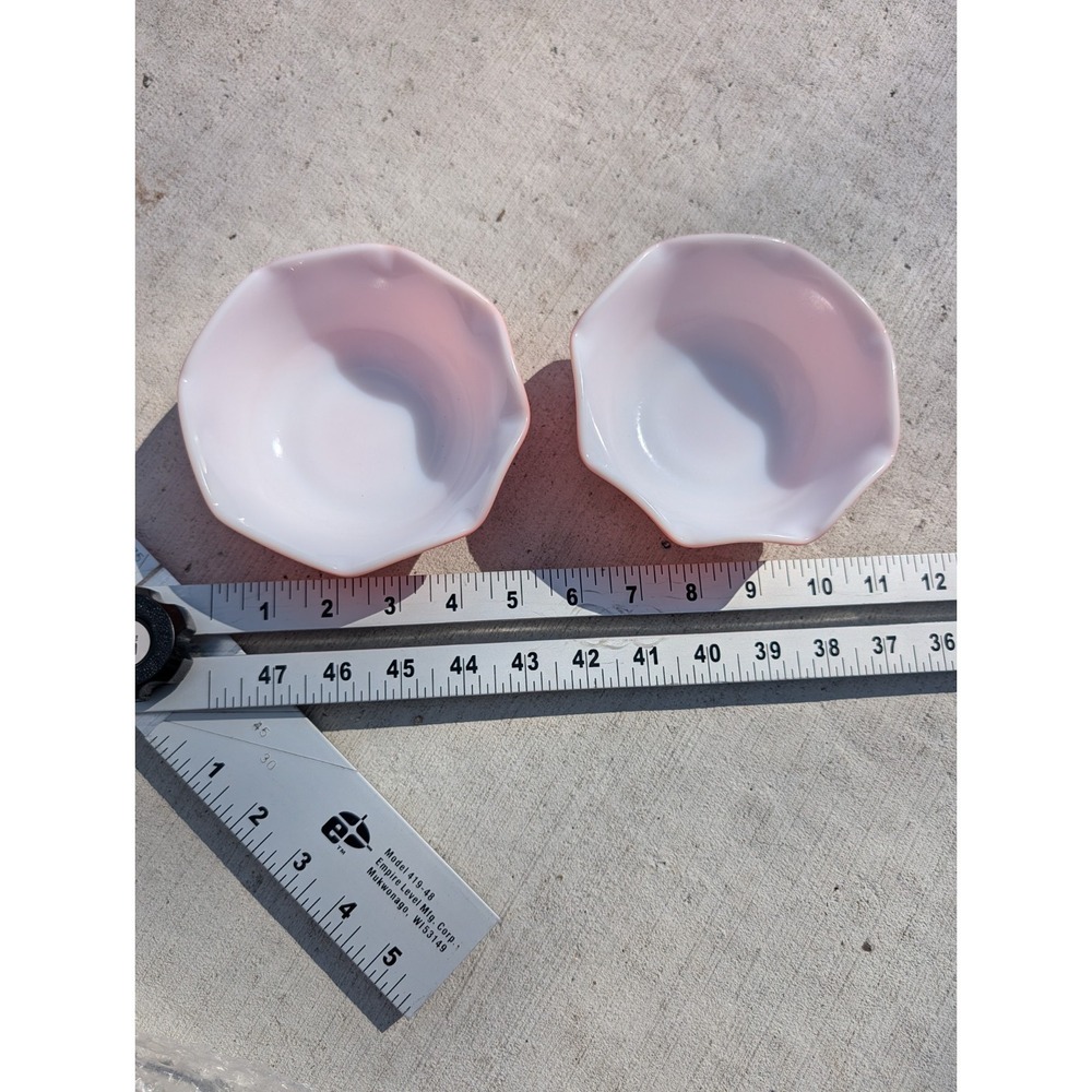 Vintage Hazel Atlas Crinoline Pink Platonite Berry Bowls Set of 2 Scalloped MCM - Picture 3 of 6